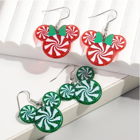 Mickey Mouse Green Peppermint Swirl Dangle Drop Earrings NEW - Picture 4 of 5